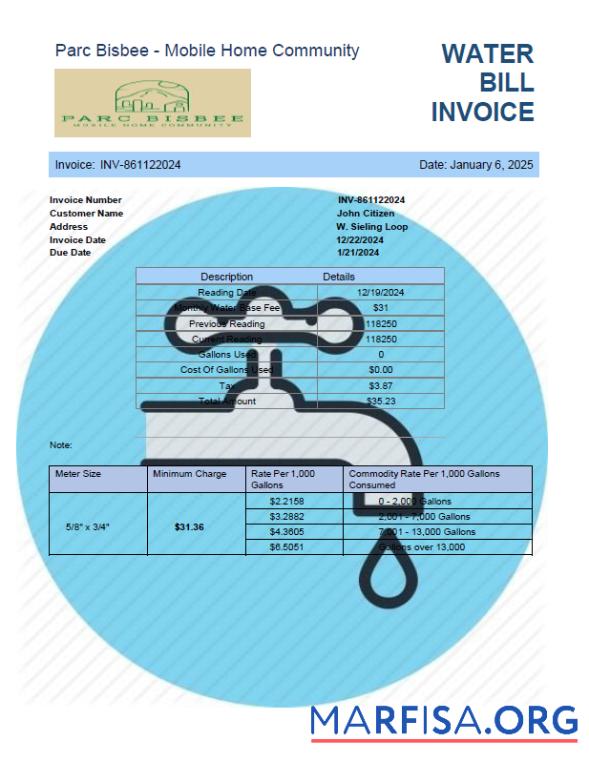 Blank USA Parc Bisbee utility bill template in Word and PDF formats